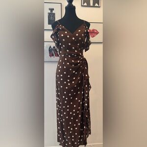 ZARA Brown Polka Dot Midi Dress – Ruffle Detail, Cold Shoulder, Size M